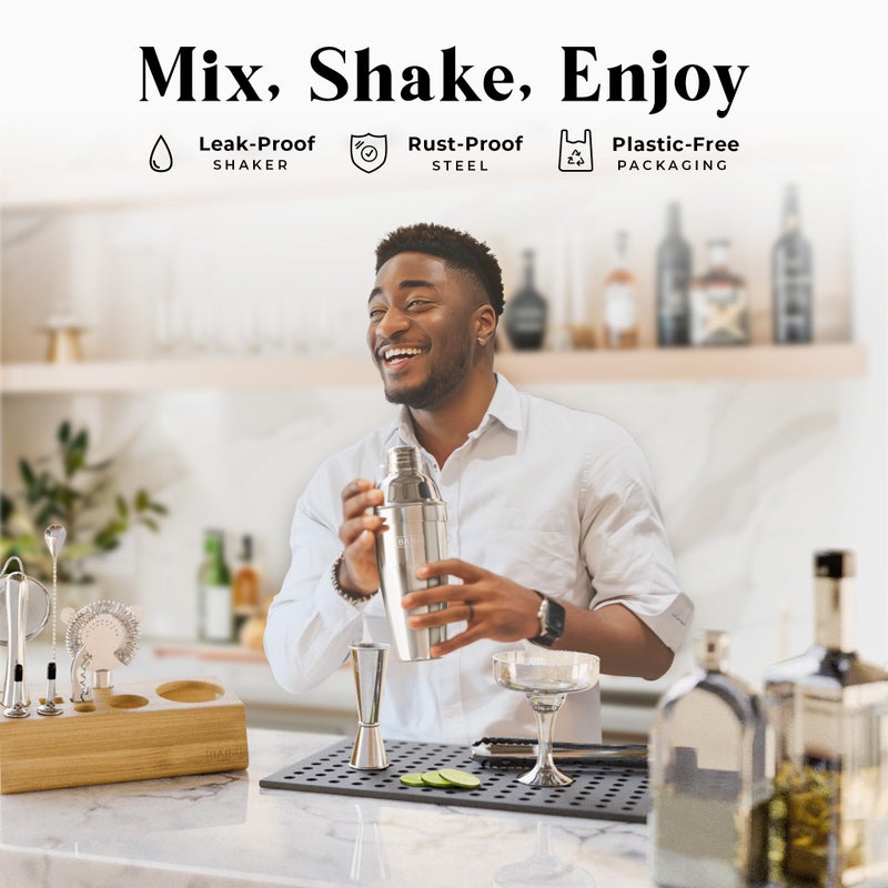 BARE BARREL Mixology Bartender Kit Bar Set | 14-Piece Cocktail Shaker Set | Martini Barware Mixing Tools for Home Bartending | Incl. 35 Recipe Cards | Gift Set (24oz Cobbler Shaker  Silver/Natural) - Image 3